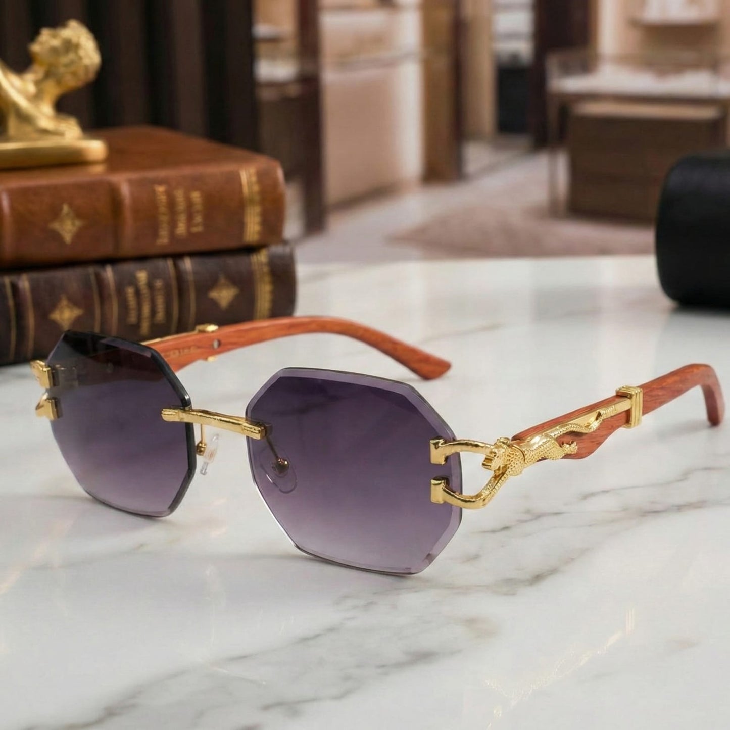 Luxury Rimless Octagon Sunglasses – Panther Edition with Wood Temples