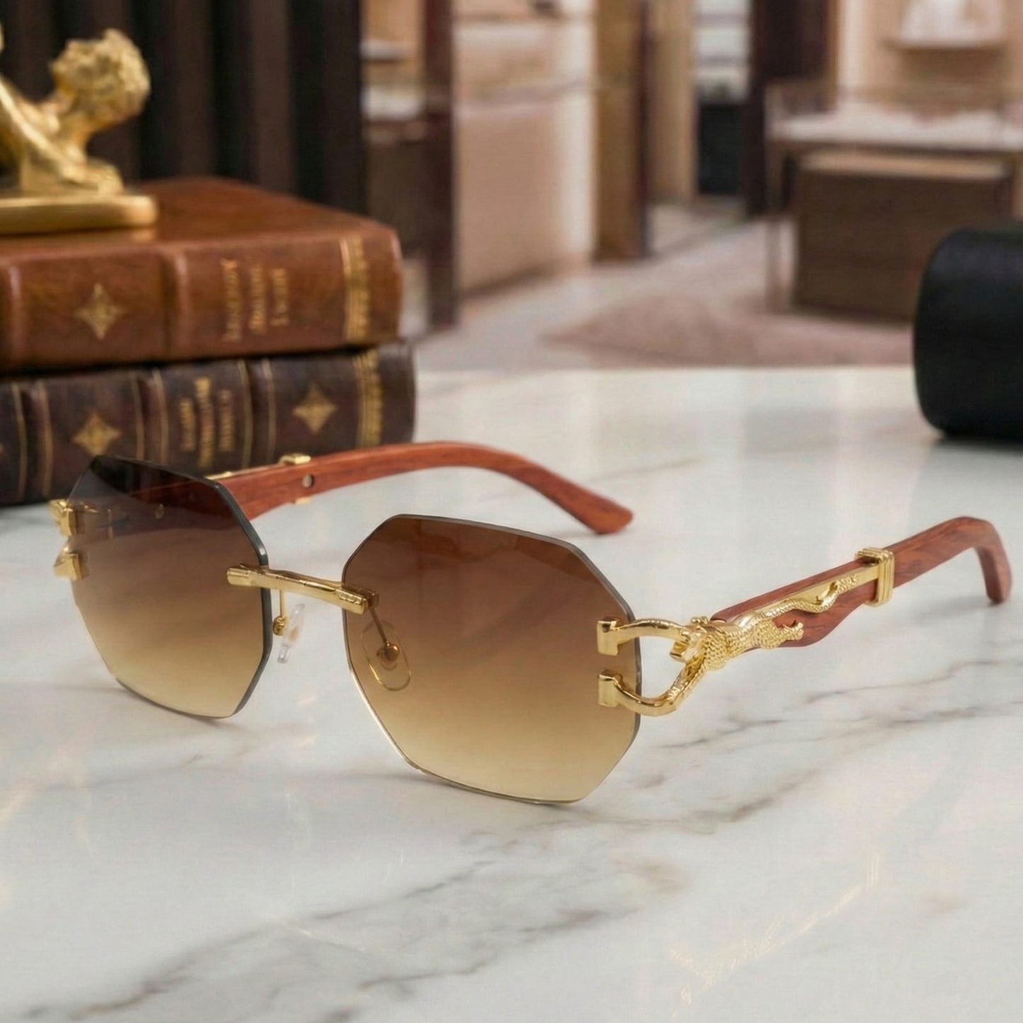 Luxury Rimless Octagon Sunglasses – Panther Edition with Wood Temples