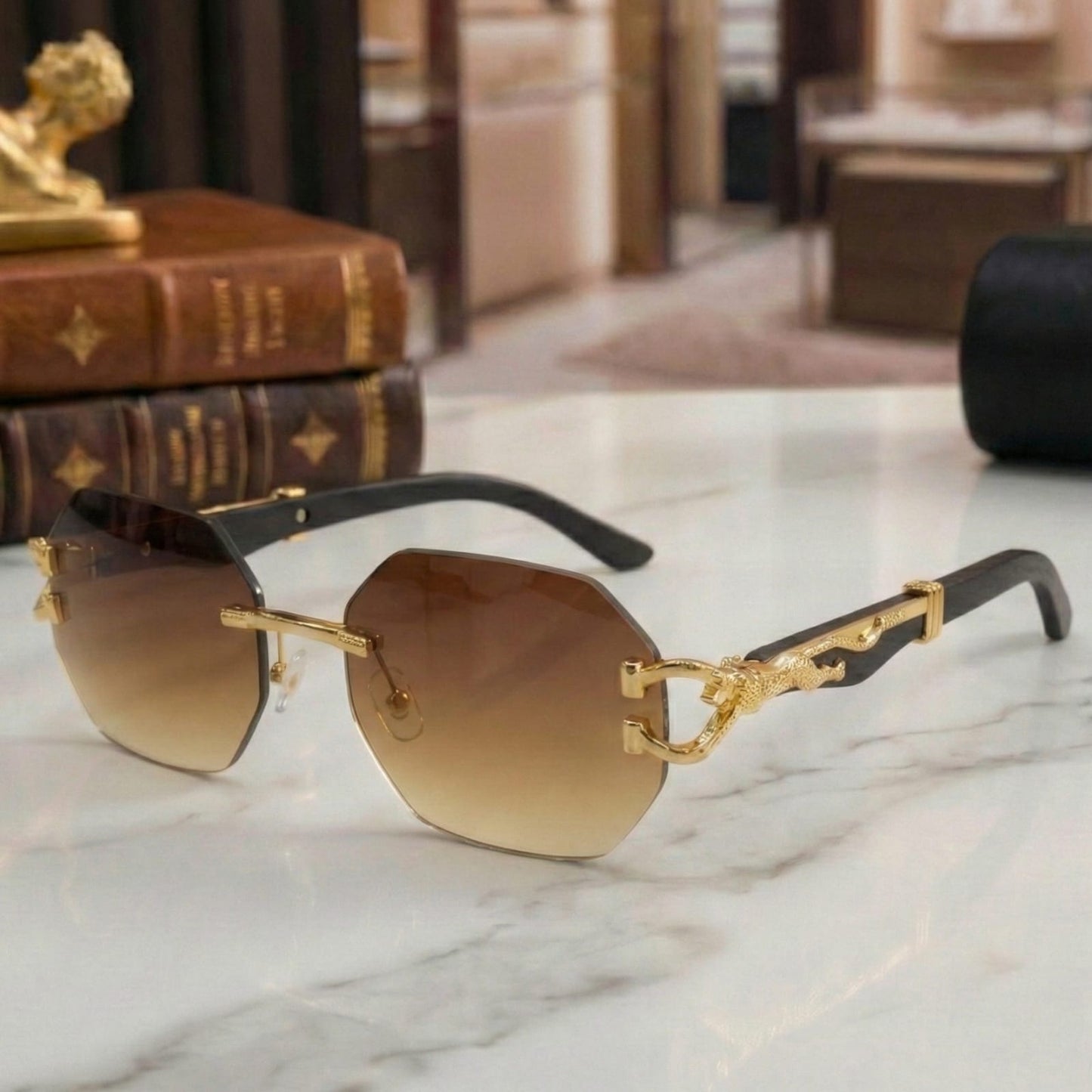 Luxury Rimless Octagon Sunglasses – Panther Edition with Wood Temples